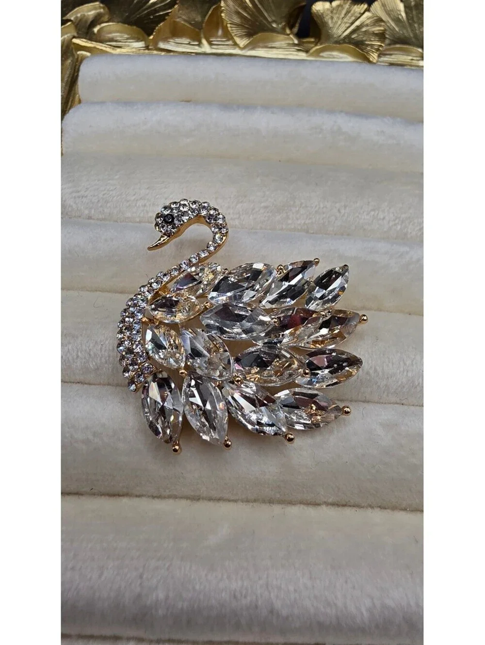 Elegant Gold-Tone Swan Brooch with Clear Crystals, Fashion Jewelry